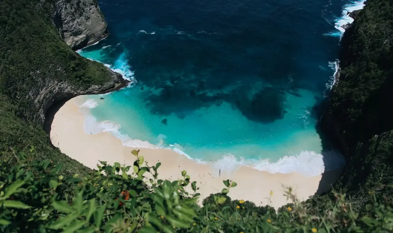 Clifftop viewpoint looking down through tropical wildflowers and foliage onto a crescent white sand beach flanked by lush green limestone cliffs and deep blue-green ocean waters on Nusa Penida, Bali
