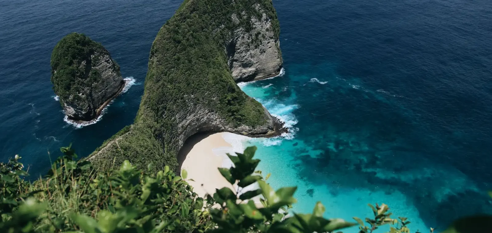 Aerial view of a dramatic dinosaur-shaped green cliff headland with a hidden crescent white sand beach nestled at its base, surrounded by deep blue and turquoise ocean waters on Nusa Penida, Bali